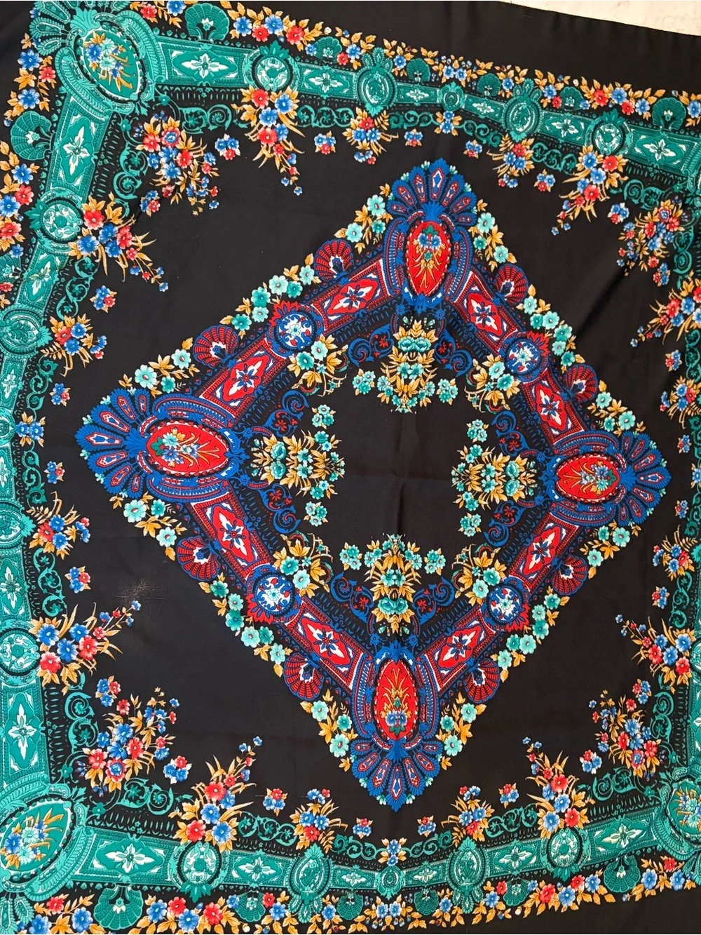 Floral Paisley Black Square Scarf with Turquoise & Red Accents